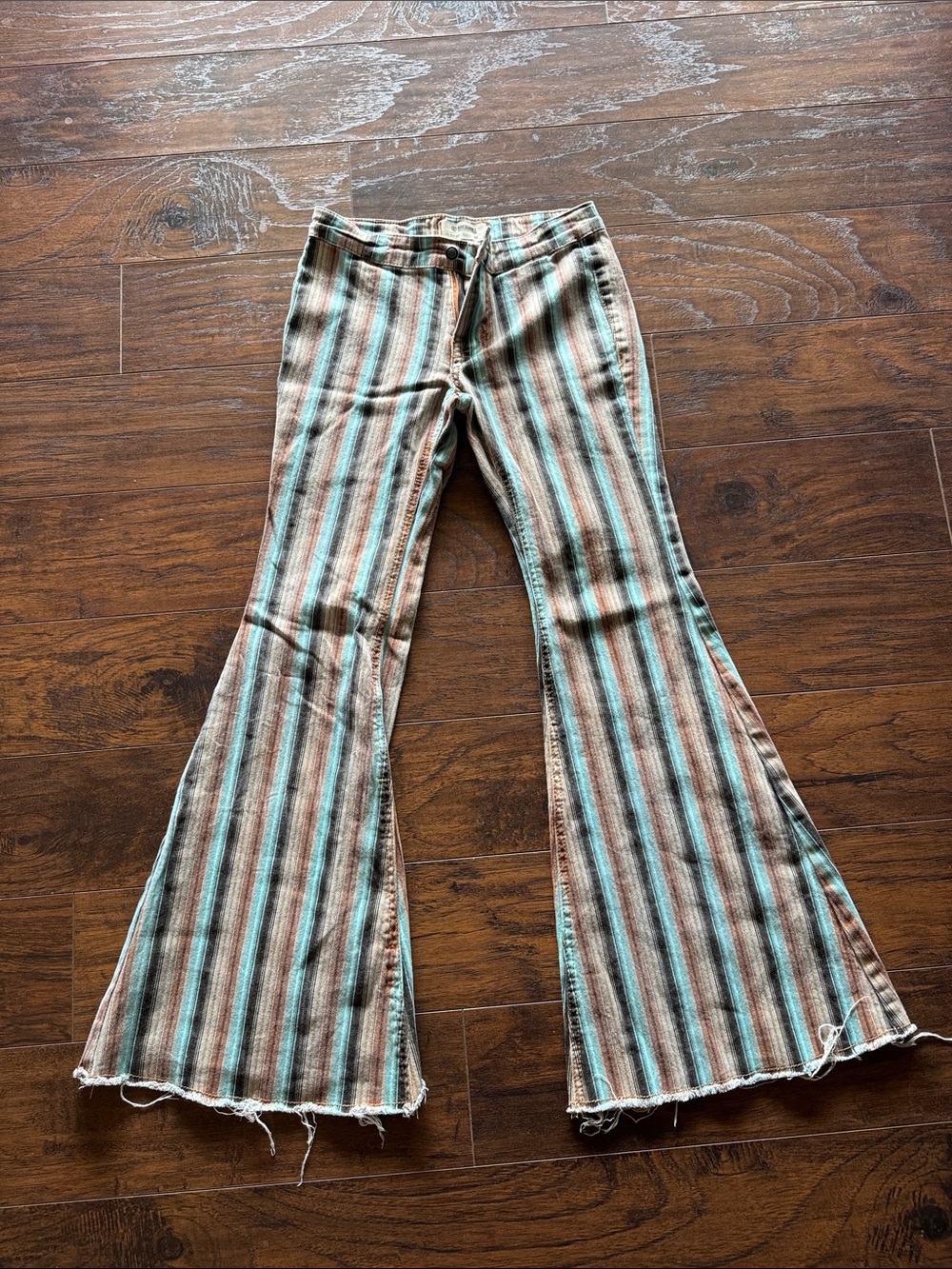Striped Flared Kids Jeans in Teal and Brown